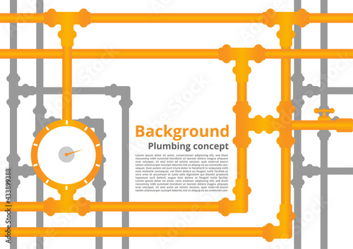 Plumbing pipes background. Yellow tubes valves meter junction on white background.