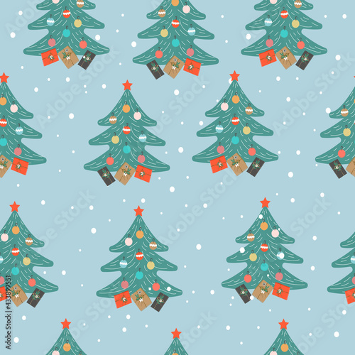 Christmas and Happy New Year seamless Christmas tree pattern with Christmas toys and gifts. Trendy retro style. Vector design template. © Gulnaz