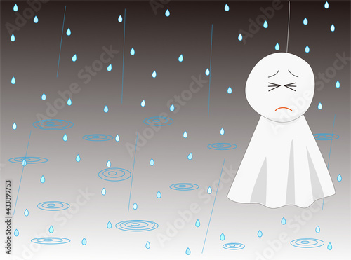 雨が降ってがっかりしているテルテル坊主