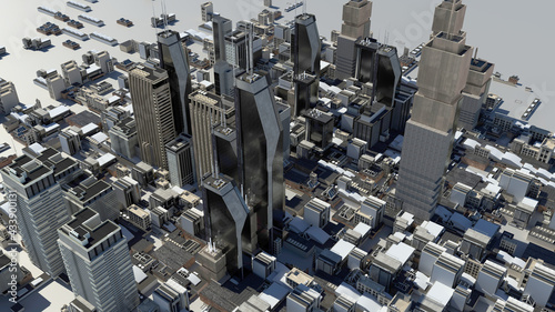 Panoramic top 3D rendering view of the down town of a huge city