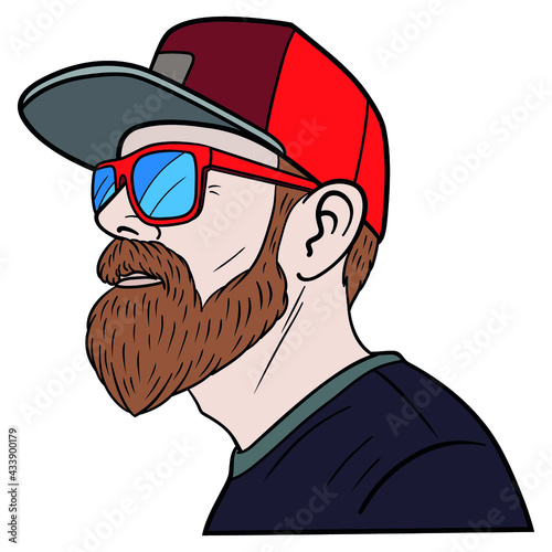 man with a full brown beard and red sunglasses from the side. comic, outline, vector.