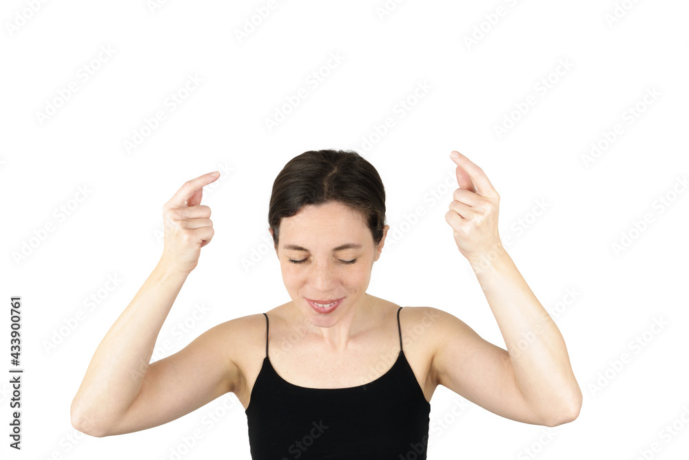 Young beautiful woman pointing up with fingers while thinking at white empty background Young beautiful woman pointing up with fingers while thinking at white empty background