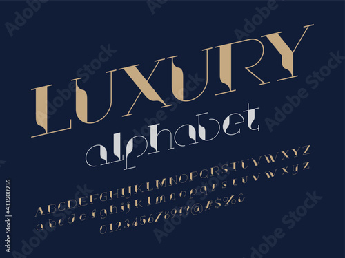 Modern stylized alphabet design with uppercase, lowercase, numbers and symbol