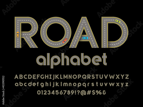 Road style alphabet design with uppercase, lowercase, numbers, symbols and vehicles