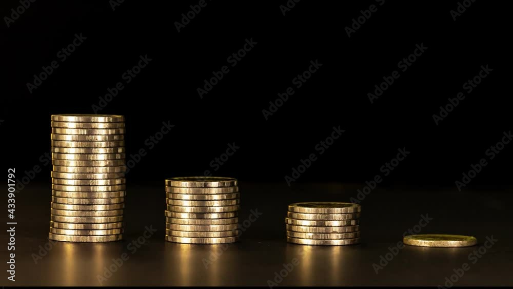 4K Stop motion shows the stack of four piles of gold cash coins decreasing and increase fading disappear from below with Key frame technique at black background, business and financial trading
concep 4K Stop motion shows the stack of four piles of gold cash coins decreasing and increase fading disappear from below with Key frame technique at black background, business and financial trading
concep