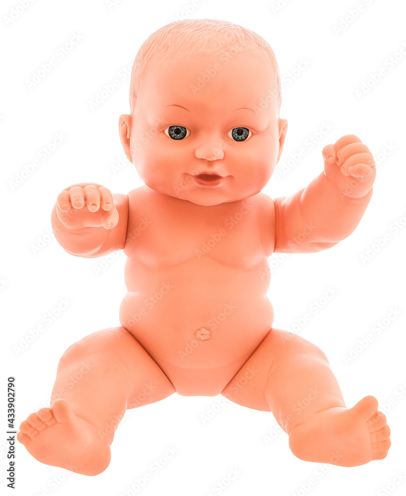 Plastic tiny tots doll, isolated on white background, without shadow. Caucasian newborn baby doll. Infant dolly on white. Plastic tiny tots doll, isolated on white background, without shadow. Caucasian newborn baby doll. Infant dolly on white.