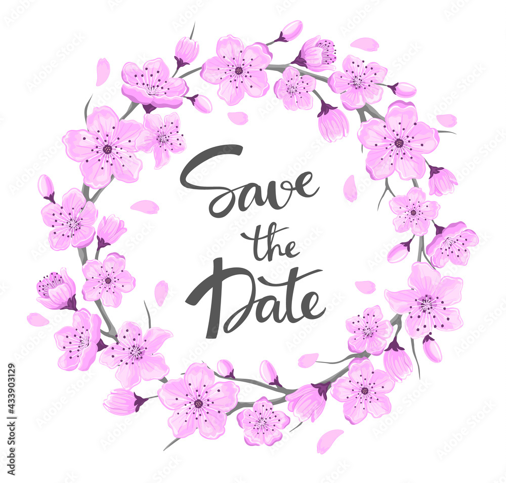 save the date hand written text and cherry blossom wreath save the date hand written text and cherry blossom wreath