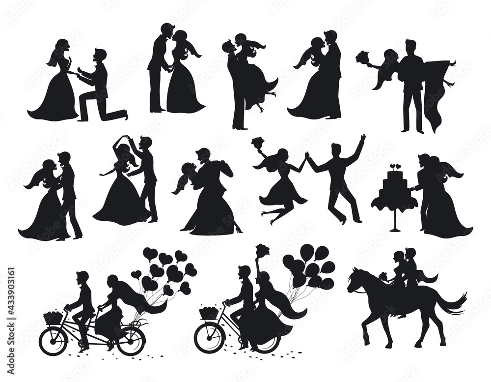Obraz premium wedding couple, bride and groom silhouette set