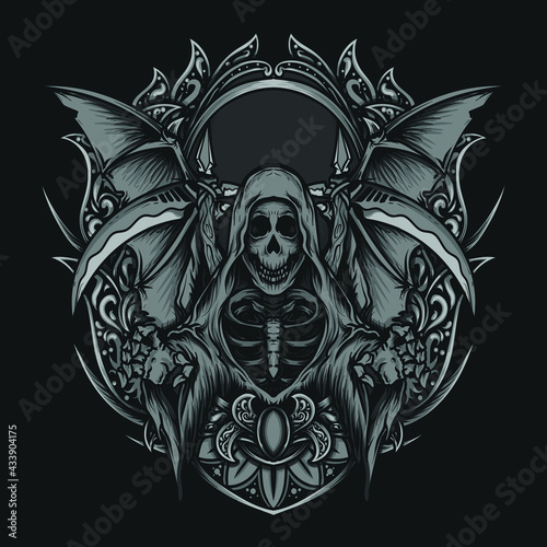 artwork illustration and t shirt design reaper  engraving ornament