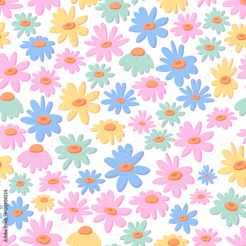 Daisy chamomile vector seamless pattern. Pretty floral summer background in small flowers. The elegant template for fashion prints. Hand-drawn design for paper, cover, fabric, interior decor.