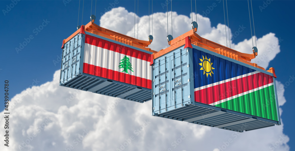 Two freight container with Lebanon and Namibia flag. 3D Rendering