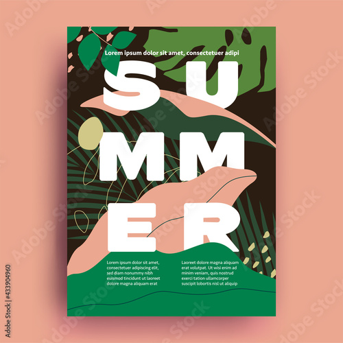 Summer poster or flyer or cover design template with earth colored floral and lettering composition for summer party or event or seasonal food menu cover. Vector illustration