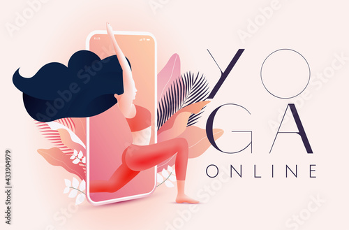 Yoga online concept with girl in asana stepping out from smartphone screen. Online yoga class banner or post image design template. Vector illustration