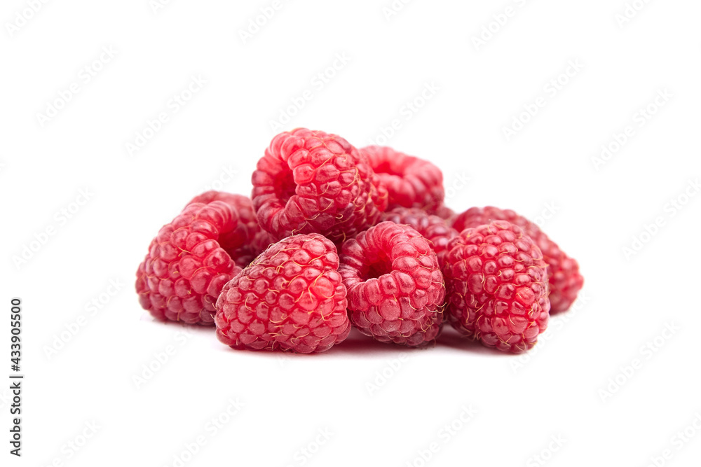 Fresh raspberries bunch isolated on white background. Heap of red raspberries Fresh raspberries bunch isolated on white background. Heap of red raspberries