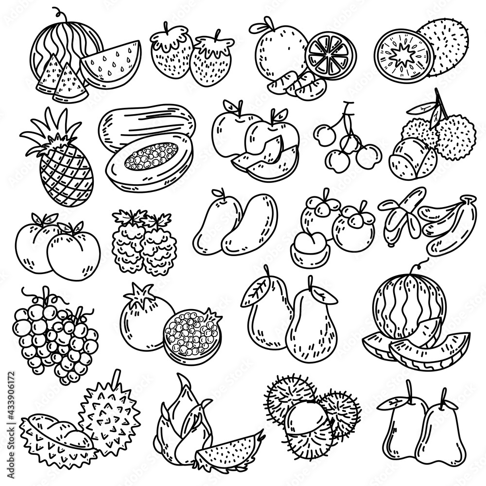Black line doodle set of cute fruits, watermelon, orange, strawberry, kiwi, pineapple, apple, lychee, papaya, mango, banana, peach, blackberry, melon, pomegranate, grapes, dragon fruit, and durian Black line doodle set of cute fruits, watermelon, orange, strawberry, kiwi, pineapple, apple, lychee, papaya, mango, banana, peach, blackberry, melon, pomegranate, grapes, dragon fruit, and durian