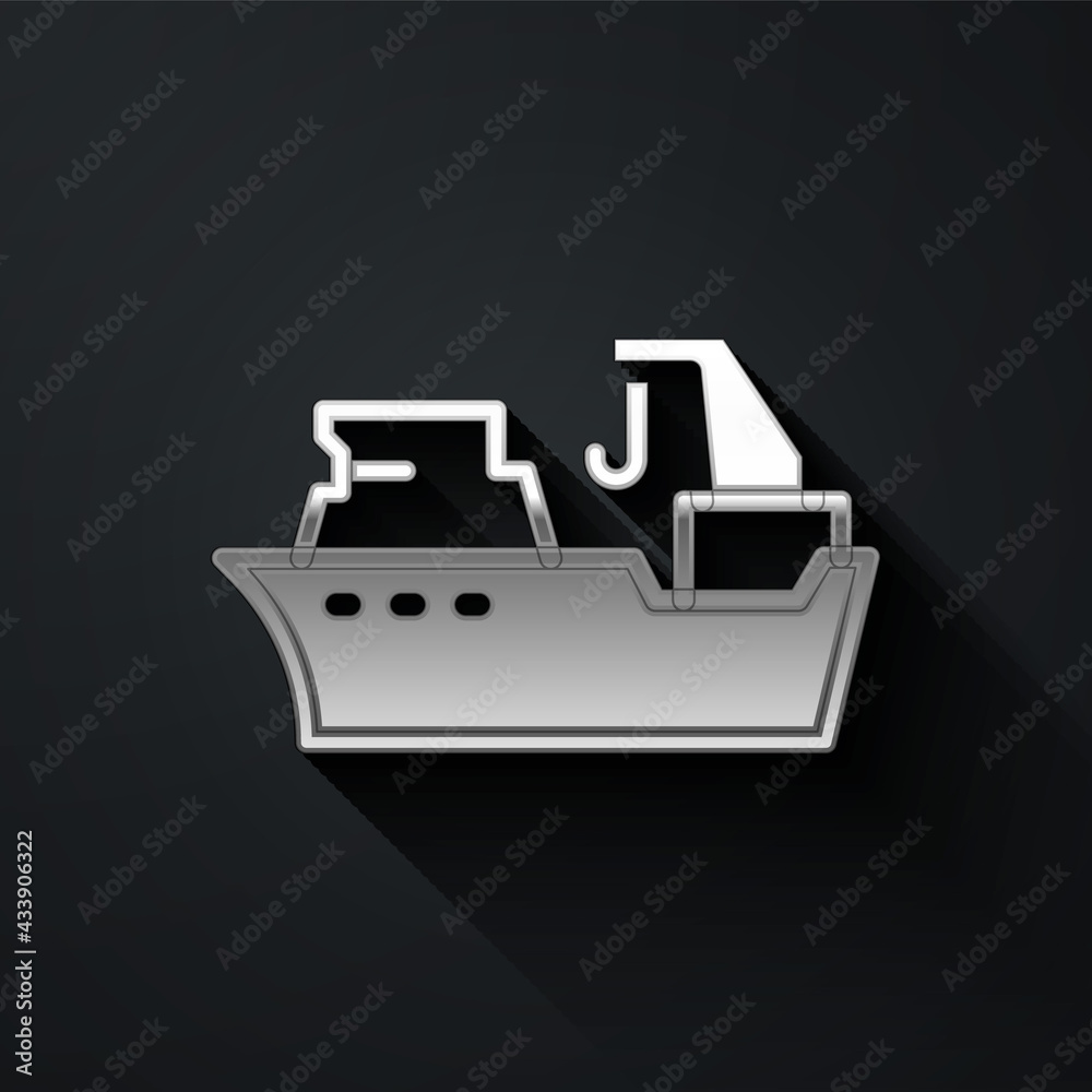 Silver Fishing boat icon isolated on black background. Fishing trawler. Long shadow style. Vector