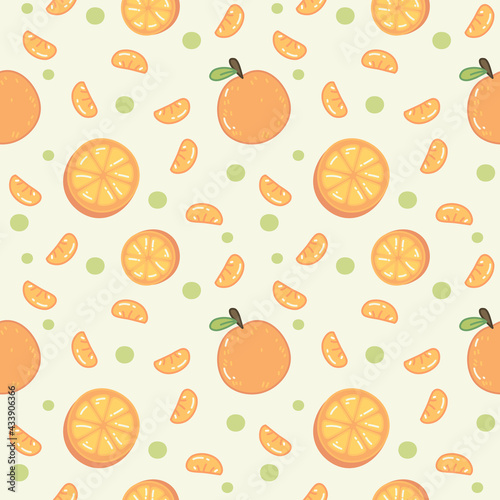 Cute fresh orange fruits seamless pattern with green dot and soft color background