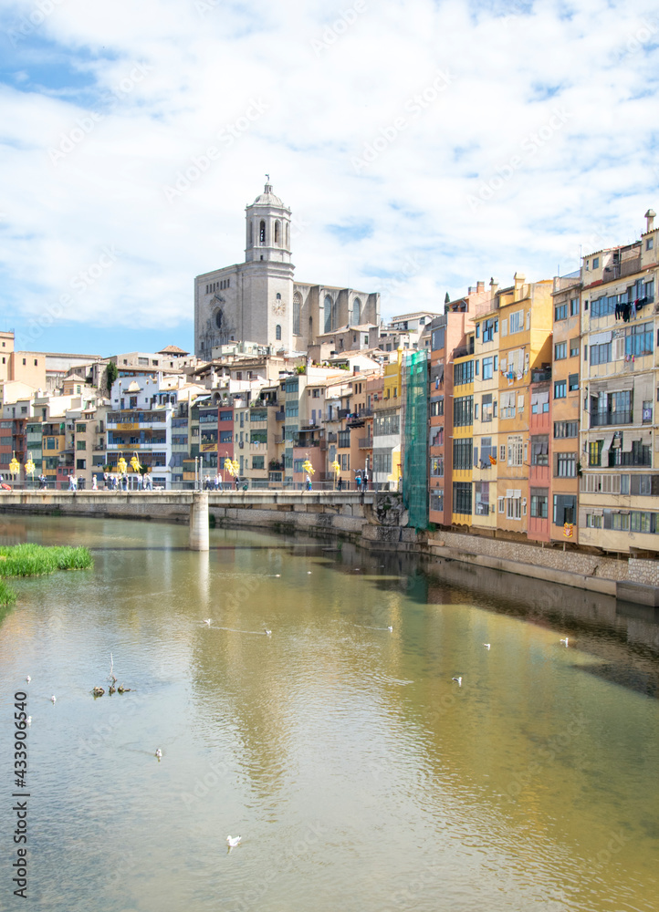 Naklejka premium Catedral resaltando sobre los edificios de la ciudad frente al río.