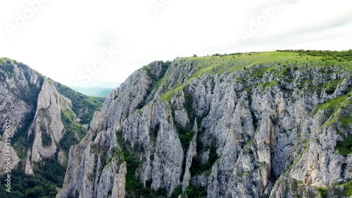 Aerial drone shot of Cheile Turzii canyon. Flying over Cheile Turzii
