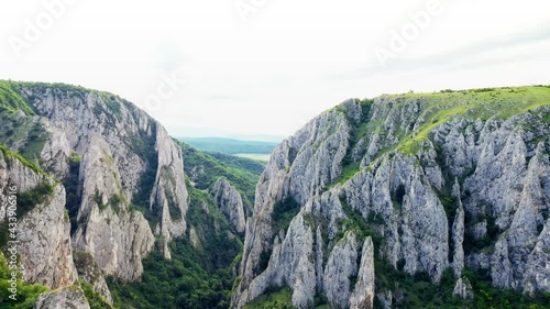 Aerial drone shot of Cheile Turzii canyon. Flying over Cheile Turzii
