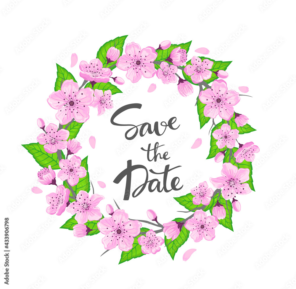 Cherry blossom flowers spring wreath with green leaves and hand written text Save the date