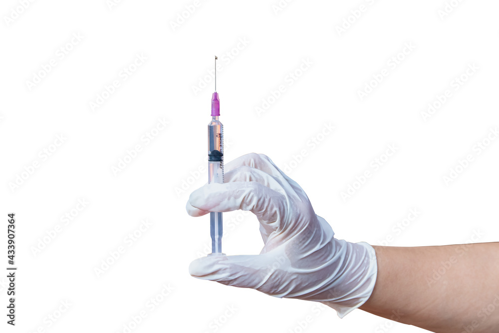Hand in rubber gloves holding a plastic syring with liquid for injection isolated on white background. Health care, treatment concept Hand in rubber gloves holding a plastic syring with liquid for injection isolated on white background. Health care, treatment concept