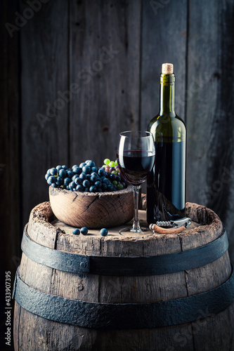 Fototapeta Naklejka Na Ścianę i Meble -  Glass of red wine and dark grapes. Wine industry.