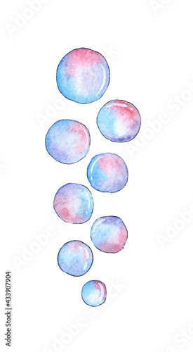 Watercolor illustration of multicolored soap bubbles. Sketch abstract pattern with bubbles. Underwater bubble effect. Isolated on white background. Drawn by hand. Design elements.