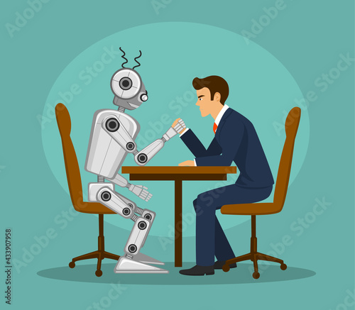 Funny robot and businessman arm wrestling, fighting . artificial intelligence vs human competition concept