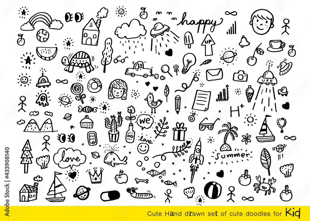 Obraz premium Vector illustration of Doodle cute for kid, Hand drawn set of cute doodles for decoration,Funny Doodle Hand Drawn, Summer, Doodle set of objects from a child's life,Christmas