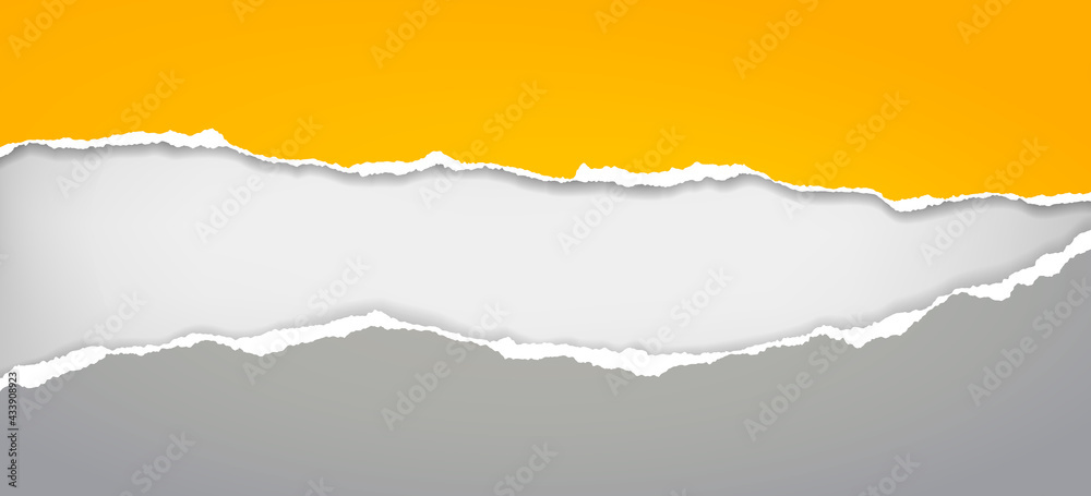 Torn, ripped yellow and grey paper strips with soft shadow are on white background for text. Vector illustration
