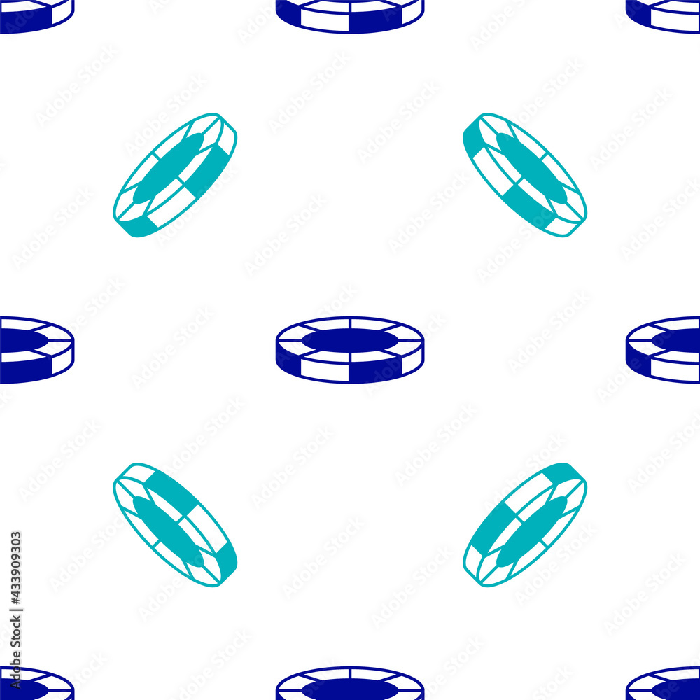Blue Casino chips icon isolated seamless pattern on white background. Casino gambling. Vector Blue Casino chips icon isolated seamless pattern on white background. Casino gambling. Vector