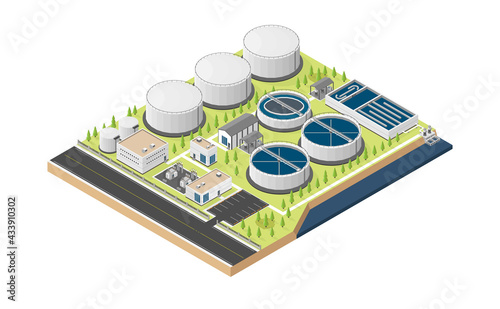 water purification plant, water treament plant in isometric graphic
