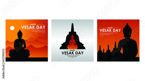 Vesak Day in sunset color with The Buddha statue and temple. Illustration for print, card, social media and dummy text.