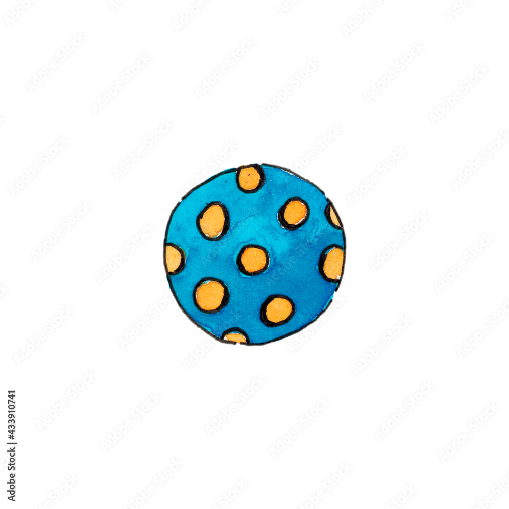 A golf ball, isolated on a white background. Blue and yellow color. The illustration is hand-drawn with watercolor.