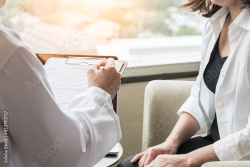 Breast cancer awareness in menopause woman who consulting with doctor diagnostic examining on obstetric - gynaecological female patient illnes and health in medical clinic