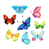 A set of colorful butterflies in a cartoon style. A collection of patterned winged vector insects.