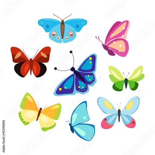 A set of colorful butterflies in a cartoon style. A collection of patterned winged vector insects. © Rata