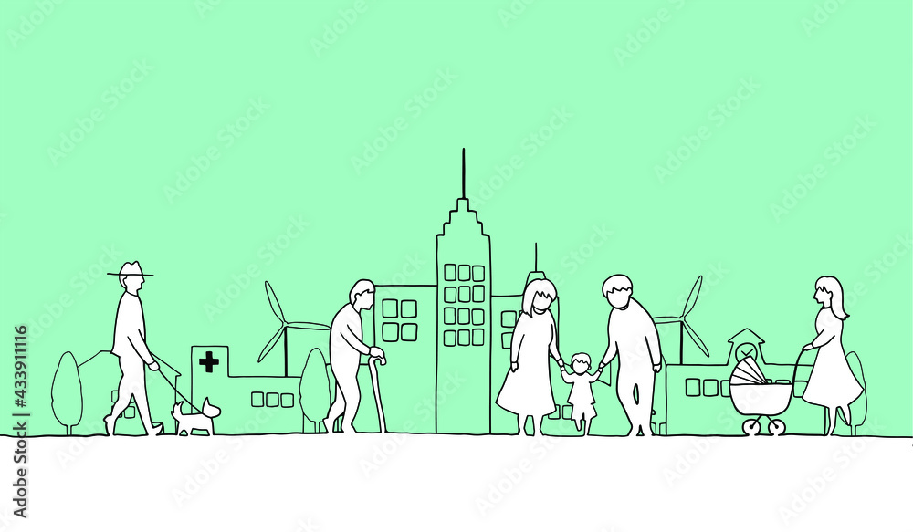 街並みと人々の線画イラスト 街並みと人々の線画イラスト