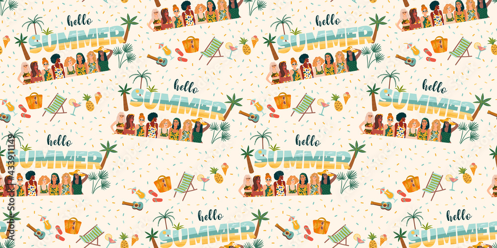 Vector seamless pattern with women in swimsuit on tropical beach. Summer holliday, vacation, travel
