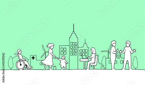 街並みと人々の線画イラスト