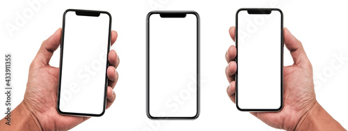 Smartphone similar to iphone 12 with blank white screen for Infographic Global Business Marketing Plan, mockup model similar to iPhone isolated Background of digital investment economy - Clipping Path photo