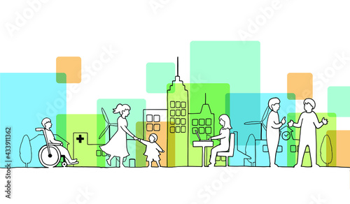 街並みと人々の線画イラスト　色付き