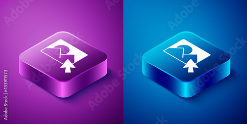 Isometric Photo retouching icon isolated on blue and purple background. Photographer, photography, retouch icon. Square button. Vector