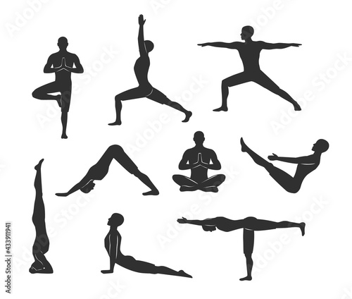 Yoga Workout. Silhouettes of a Man in Tree, Sirsasana, Boat, Warrior one, two, three, downwards and upwards facing dog, lotus Poses.