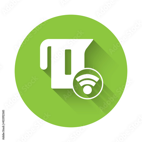 White Smart electric kettle system icon isolated with long shadow. Teapot icon. Internet of things concept with wireless connection. Green circle button. Vector