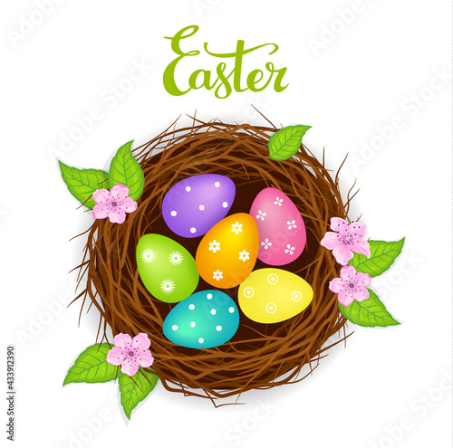 Easter birds nest with decorated eggs , flowers and fresh green leaves. Top view, isolated vector illustration