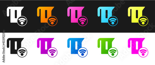 Set Smart electric kettle system icon isolated on black and white background. Teapot icon. Internet of things concept with wireless connection. Vector
