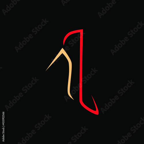 Red high heel shoe with beige sole symbol on black backdrop. Design element
