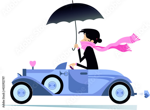 Pretty woman drives car illustration. 
Elegant young woman with a long pink scarf round her neck and umbrella drives a cabriolet isolated on white
